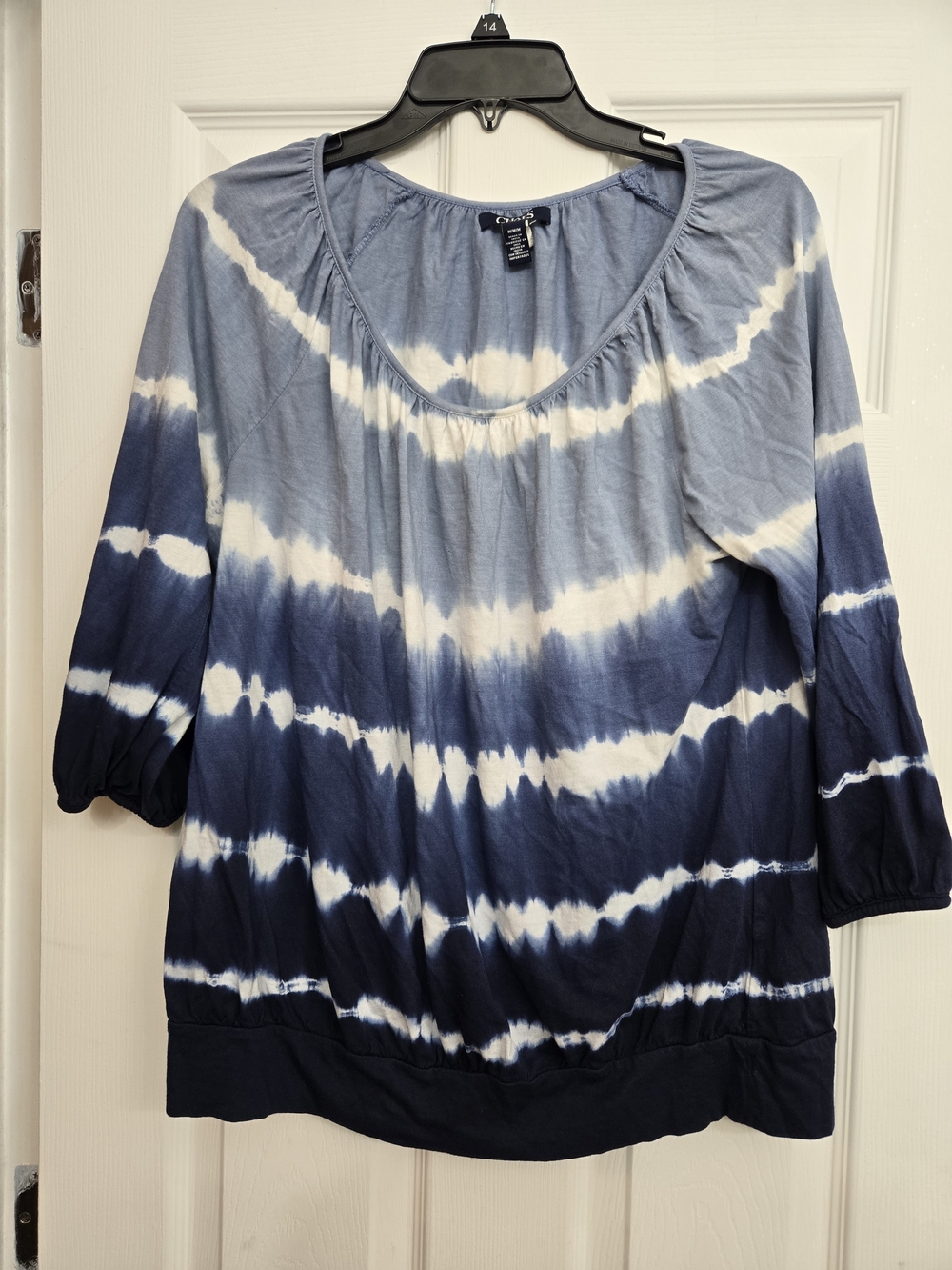 Chaps Navy and White Tie-Dye Scoop Neck Top